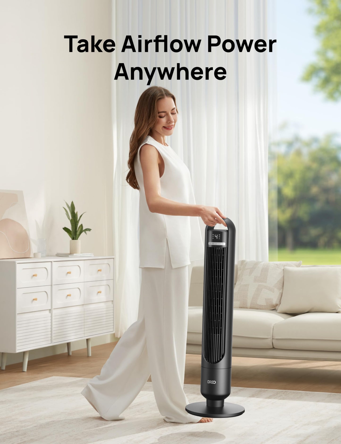 DREO Smart Tower Fan for Bedroom& Home, 26ft/s Powerful Airflow, 33ft Coverage, 1-12H Timer, 4 Speeds, 3 Modes, 28dB Bladeless Fan with App & Voice Control, 90ยฐ Oscillating Cooling Fan, LED Display
