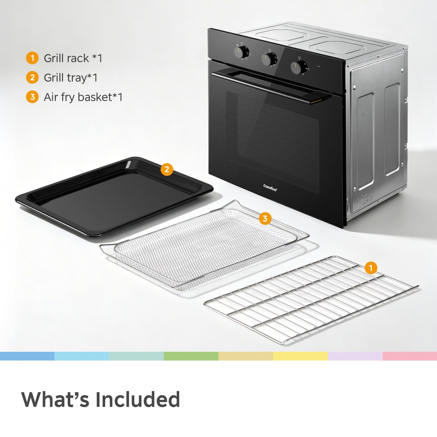 COMFEE' 60L, 60cm Wide, Single Electric Built-in Fan Oven, 8 Function with Air Fry, Multiphase Cooking and Easy Cleaning Removable Door, Color Black - CBO60M80M1-BK