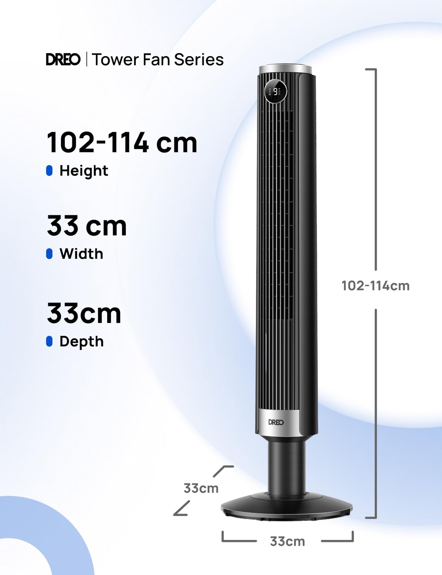 DREO Smart 40"-45" Tower Fan for Bedroom, Adjustable Height, 28 ft/s Velocity, DC Motor, 9 Speeds, 4 Modes, 90ยฐOscillating, Standing Fan, 20dB Quiet, 12H Timer for Home, Office, Google/Alexa, Black