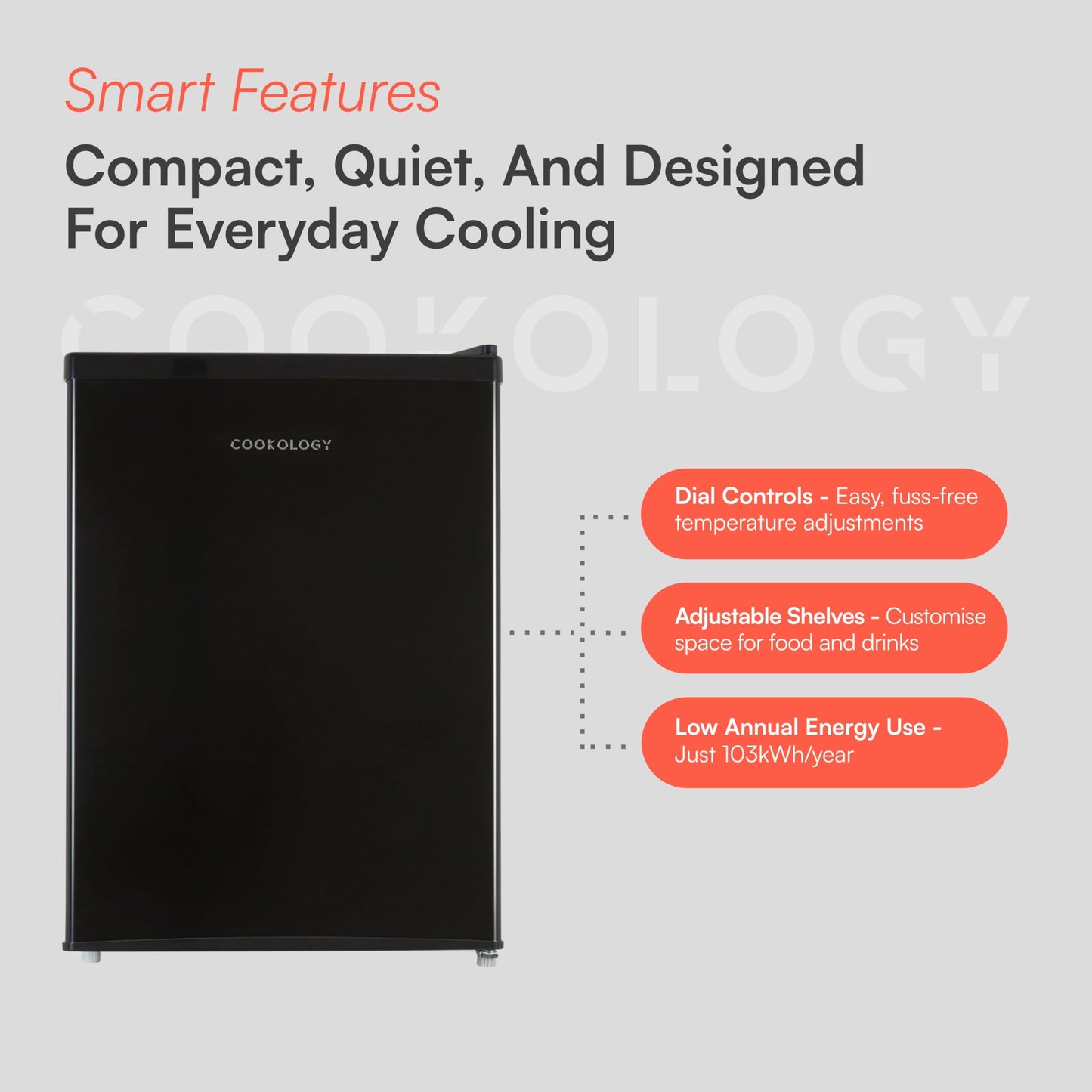Cookology 67L Small Tabletop Mini Fridge - Reversible Door - Adjustable Temperature Control & Legs - Chiller Box - Black