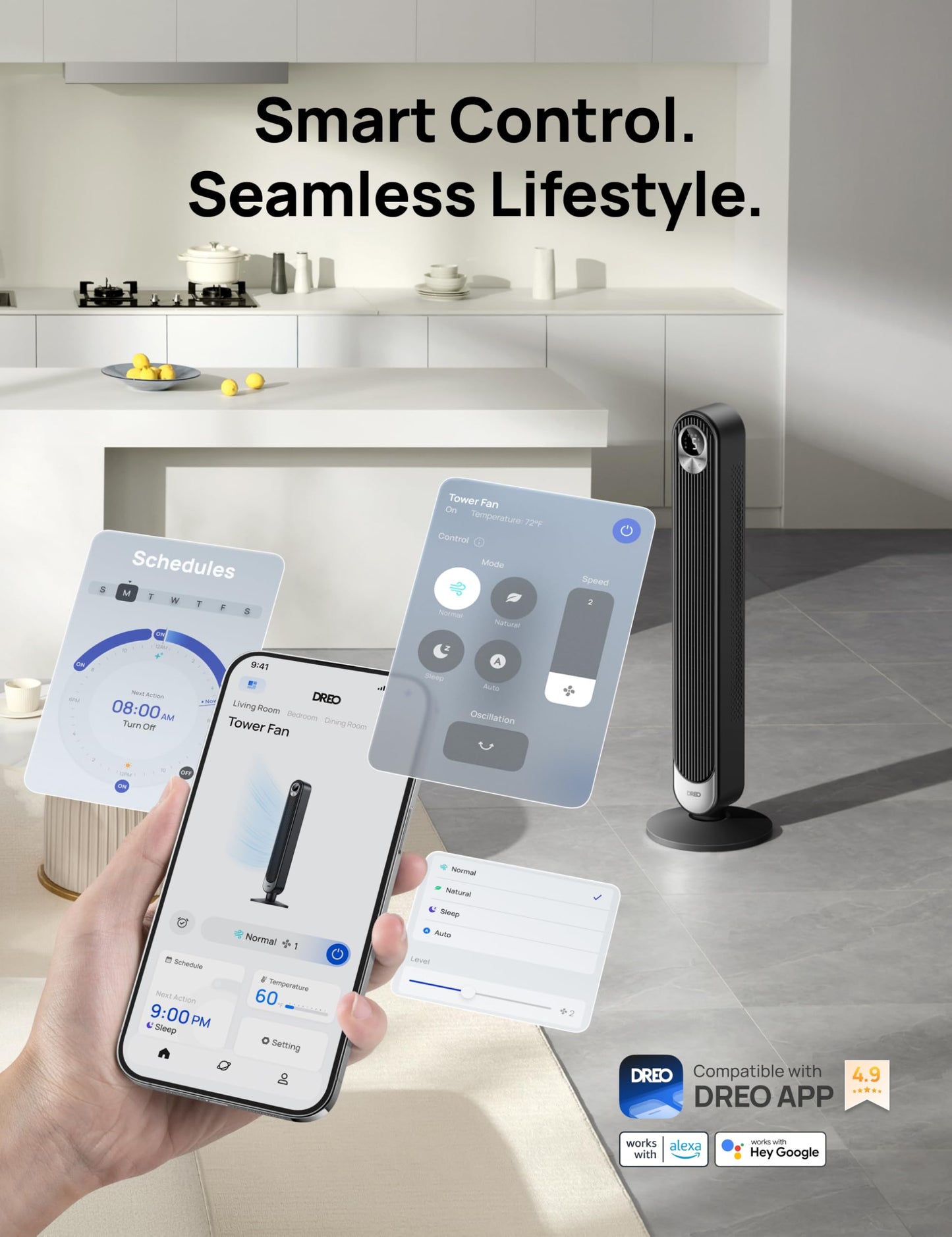 DREO 42 Inch Smart Tower Fan, 8.5m/s High-Velocity Cooling Fans, 9 Speeds Standing Fans for Bedroom, 25dB Silent Bladeless Electric Fan, 4 Modes, 90ยฐ Oscillating, 12H Timer, WiFi/Alexa/Remote Control