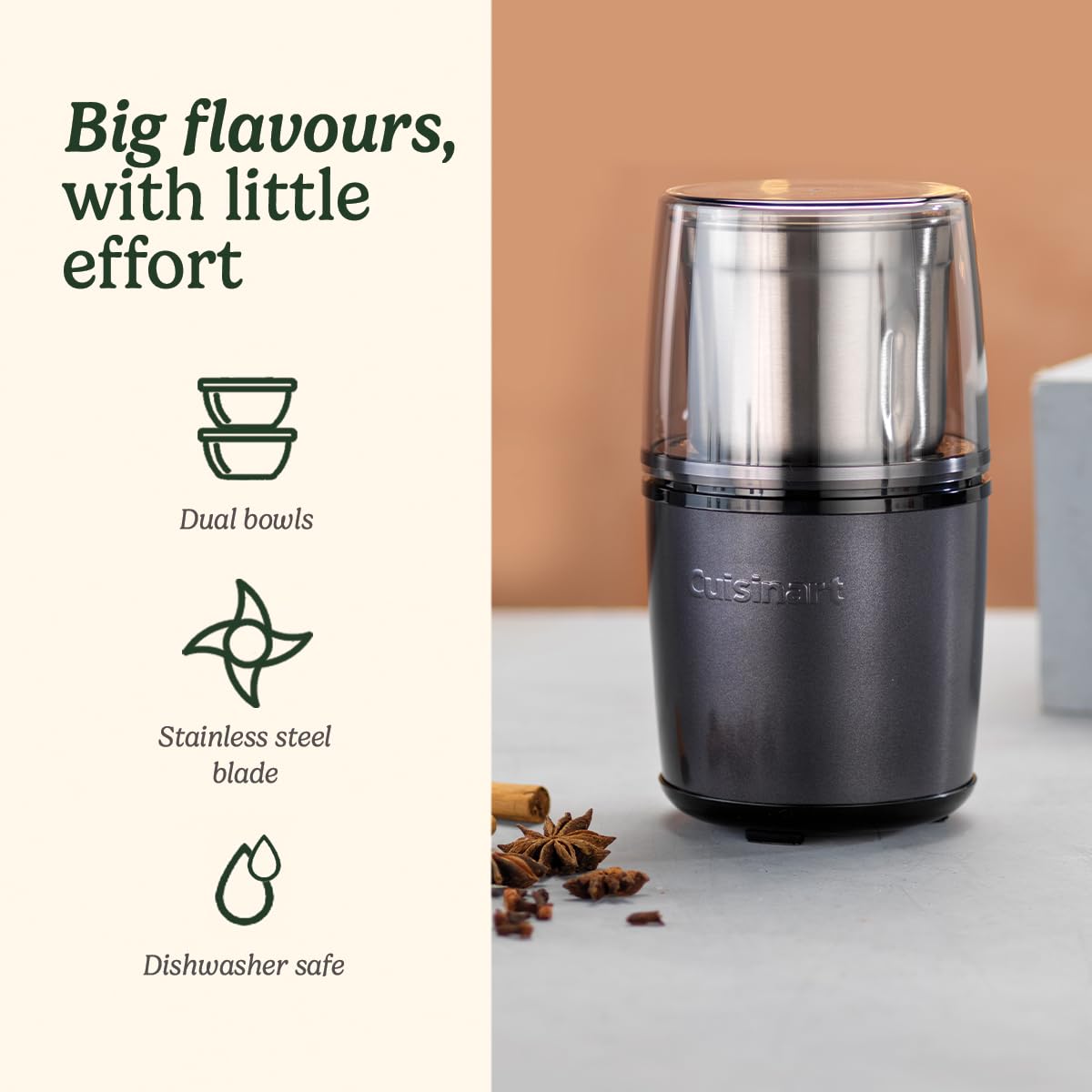 Cuisinart Electric Spice Grinder Coffee Grinder, Nut Grinder, Seed Grinder for Kitchen, Wet & Dry Electric, Easy to Use Dual Stainless Steel Bowls with Storage Lids Dishwasher Safe