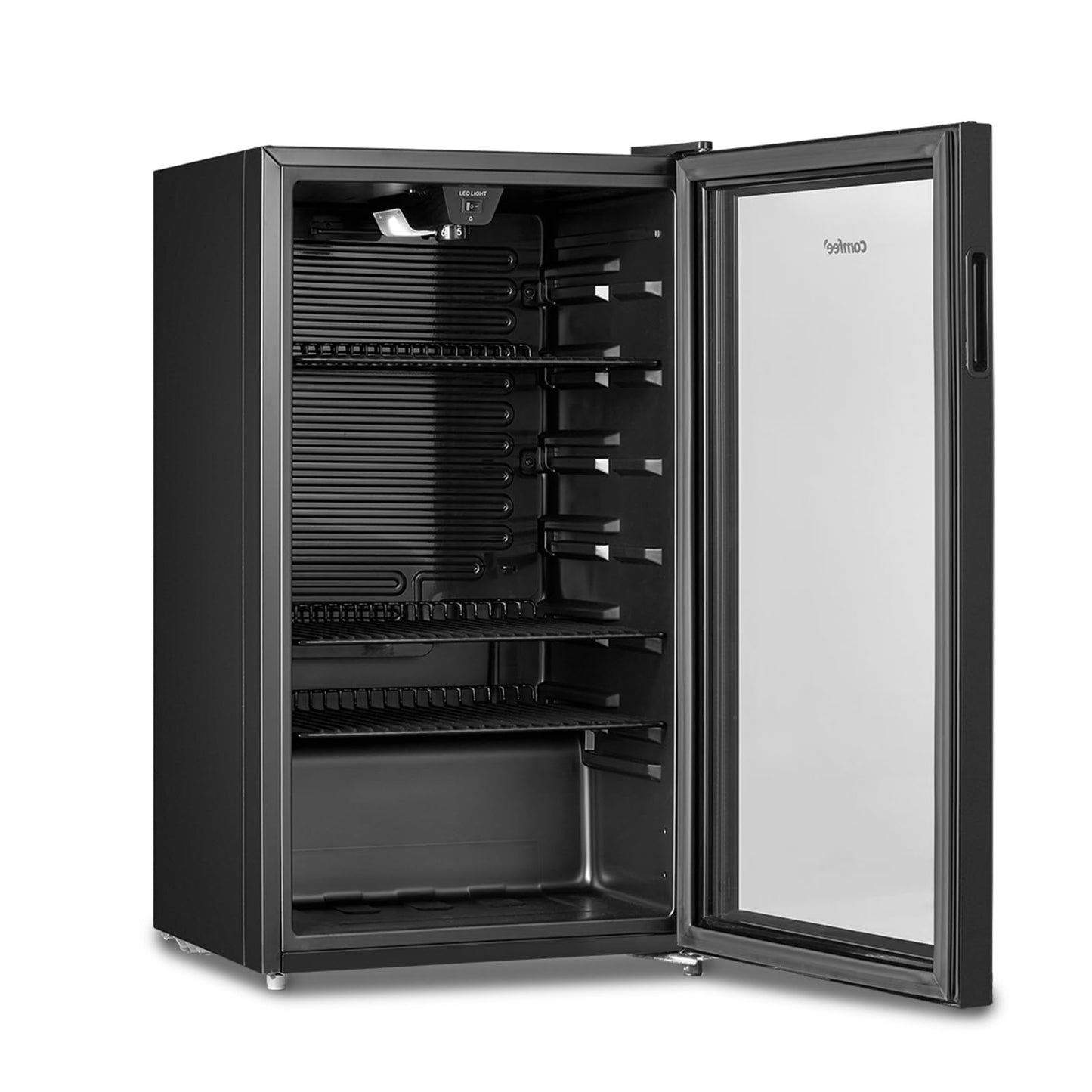 COMFEE' RCZ99BG2(E) Under Counter Beer & Drinks Fridge-93L Capacity,Holds up to 115 Cans, Premium Temperature Performance (2℃ to 15℃), Glass Door, Removable Shelves, LED Light, Low Noise