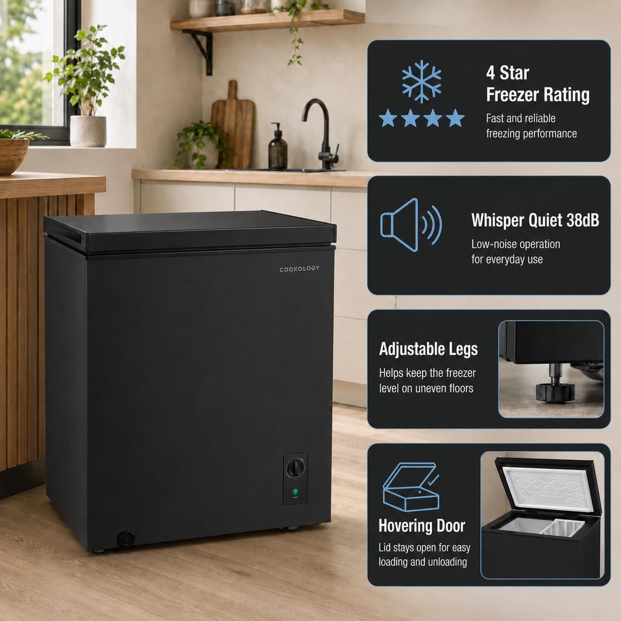 Cookology 99L Freestanding Chest Freezer - For Kitchens, Outbuildings & Garages - Adjustable Feet & Temperature Controls - 4 Star Freezer Rating - Black
