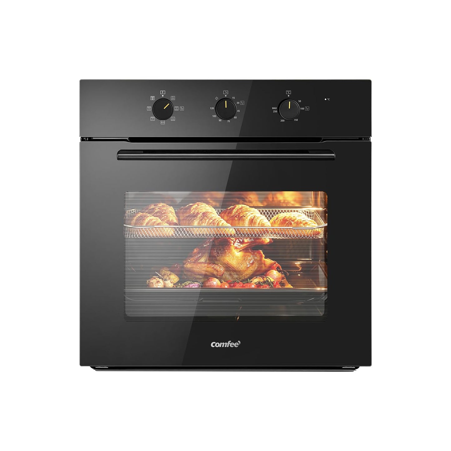 COMFEE' 60L, 60cm Wide, Single Electric Built-in Fan Oven, 8 Function with Air Fry, Multiphase Cooking and Easy Cleaning Removable Door, Color Black - CBO60M80M1-BK