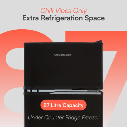 Cookology 87L Fridge Freezer - Freestanding Under Counter - 2 Reversible Doors - Adjustable Temperature Control - LED Light - 3 Star Freezer Rating - 47cm Wide - Black