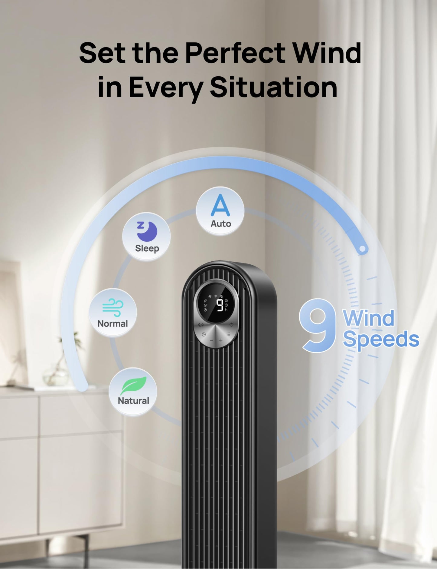 DREO 42 Inch Smart Tower Fan, 8.5m/s High-Velocity Cooling Fans, 9 Speeds Standing Fans for Bedroom, 25dB Silent Bladeless Electric Fan, 4 Modes, 90° Oscillating, 12H Timer, WiFi/Alexa/Remote Control