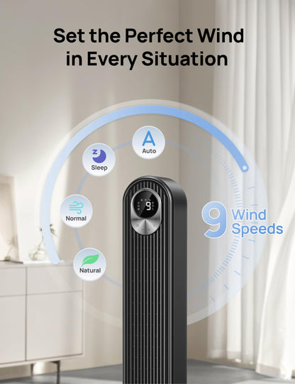 DREO 42 Inch Smart Tower Fan, 8.5m/s High-Velocity Cooling Fans, 9 Speeds Standing Fans for Bedroom, 25dB Silent Bladeless Electric Fan, 4 Modes, 90° Oscillating, 12H Timer, WiFi/Alexa/Remote Control