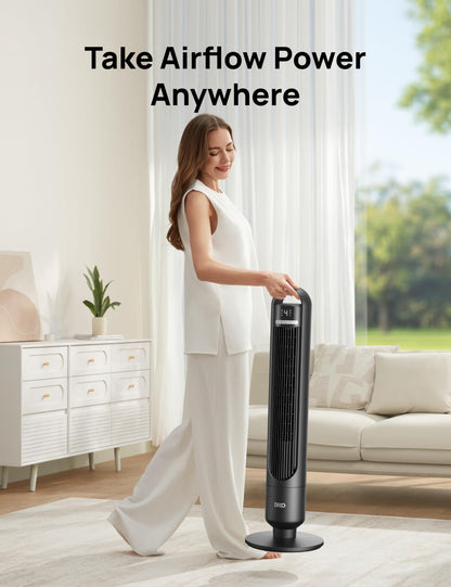 DREO Smart Tower Fan for Bedroom& Home, 26ft/s Powerful Airflow, 33ft Coverage, 1-12H Timer, 4 Speeds, 3 Modes, 28dB Bladeless Fan with App & Voice Control, 90° Oscillating Cooling Fan, LED Display
