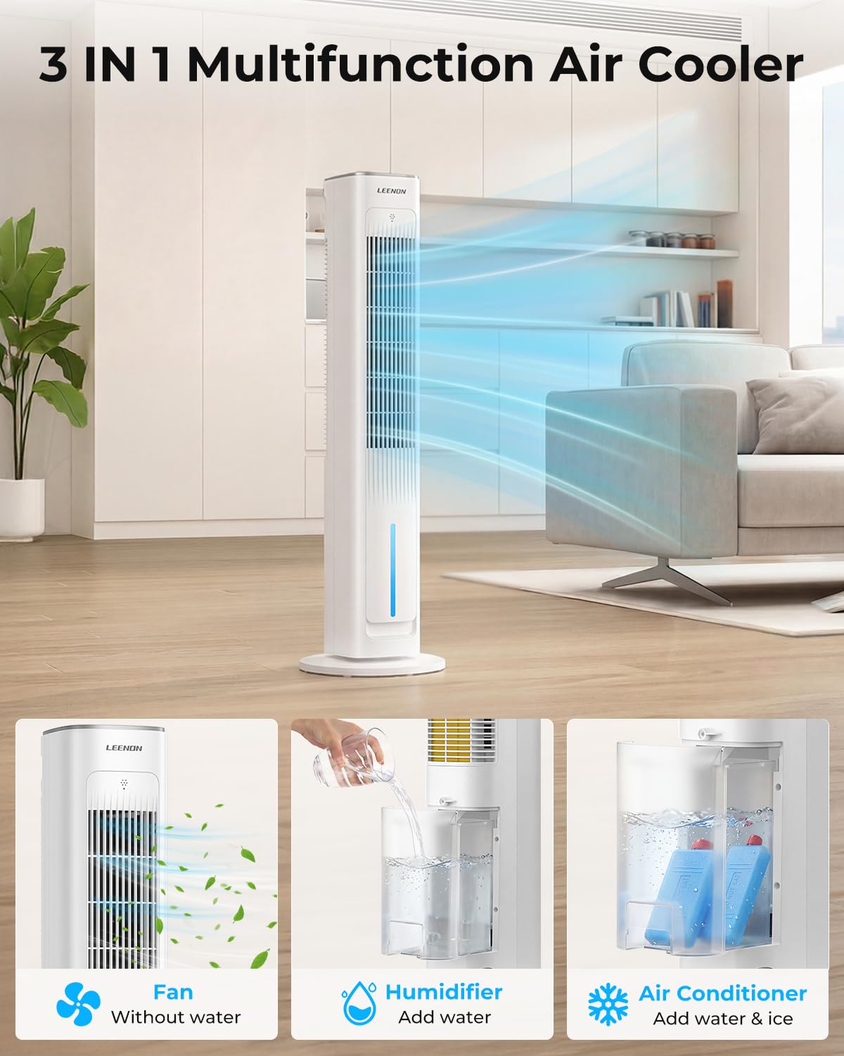 LEENON 3in1 Evaporative Air Cooler, 38" Tower Fan with Remote, As Low As 35dB Quiet Portable Cooling Fan for Bedroom, 3 Speeds & 4 Modes, 12H Timer, Auto Oscillating Air Cooler for Home & Office