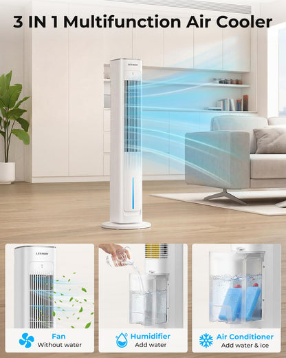 LEENON 3in1 Evaporative Air Cooler, 38" Tower Fan with Remote, As Low As 35dB Quiet Portable Cooling Fan for Bedroom, 3 Speeds & 4 Modes, 12H Timer, Auto Oscillating Air Cooler for Home & Office