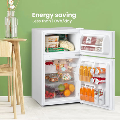 COMFEE' RCT87WH2(E) Under Counter Fridge Freezer, 87L Small Fridge Freezer with Light, Removable Shelves, Adjustable Thermostats, Reversible Doors, White