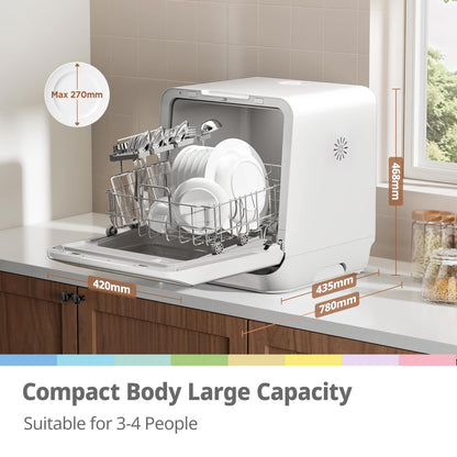 COMFEE' Table Top Dishwasher 7+3 Programs Mini Tabletop Dishwasher No Plumbing, 6L Built-in Water Tank, Hygiene Wash, Auto Door Open Drying, Baby Care, Energy Class D- White