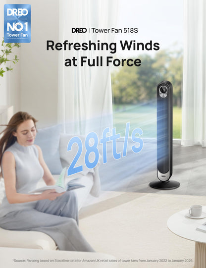 DREO 42 Inch Smart Tower Fan, 8.5m/s High-Velocity Cooling Fans, 9 Speeds Standing Fans for Bedroom, 25dB Silent Bladeless Electric Fan, 4 Modes, 90° Oscillating, 12H Timer, WiFi/Alexa/Remote Control