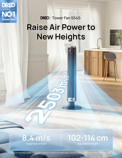 DREO Smart 40"-45" Tower Fan for Bedroom, Adjustable Height, 28 ft/s Velocity, DC Motor, 9 Speeds, 4 Modes, 90°Oscillating, Standing Fan, 20dB Quiet, 12H Timer for Home, Office, Google/Alexa, Black