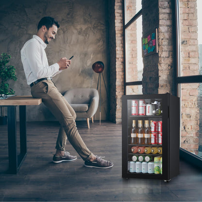 COMFEE' RCZ99BG2(E) Under Counter Beer & Drinks Fridge-93L Capacity,Holds up to 115 Cans, Premium Temperature Performance (2℃ to 15℃), Glass Door, Removable Shelves, LED Light, Low Noise