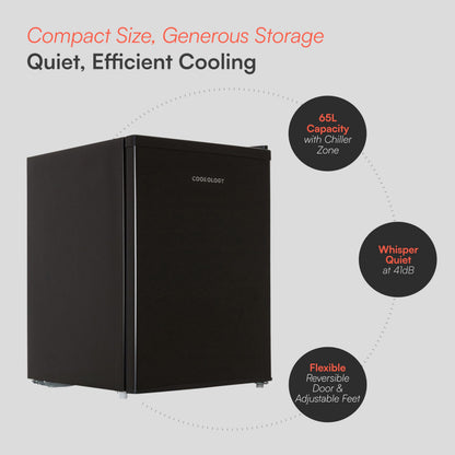 Cookology 67L Small Tabletop Mini Fridge - Reversible Door - Adjustable Temperature Control & Legs - Chiller Box - Black