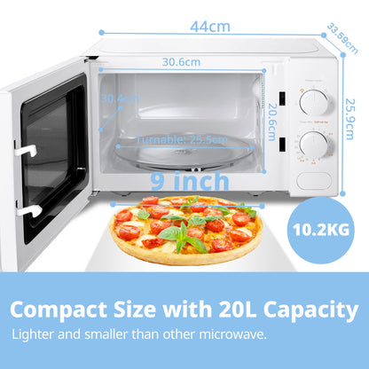 COMFEE' 700W 20L White Microwave Oven With 5 Cooking Power Levels, Quick Defrost Function, And Kitchen Manual Timer - Compact Design CM-M202CC(WH)