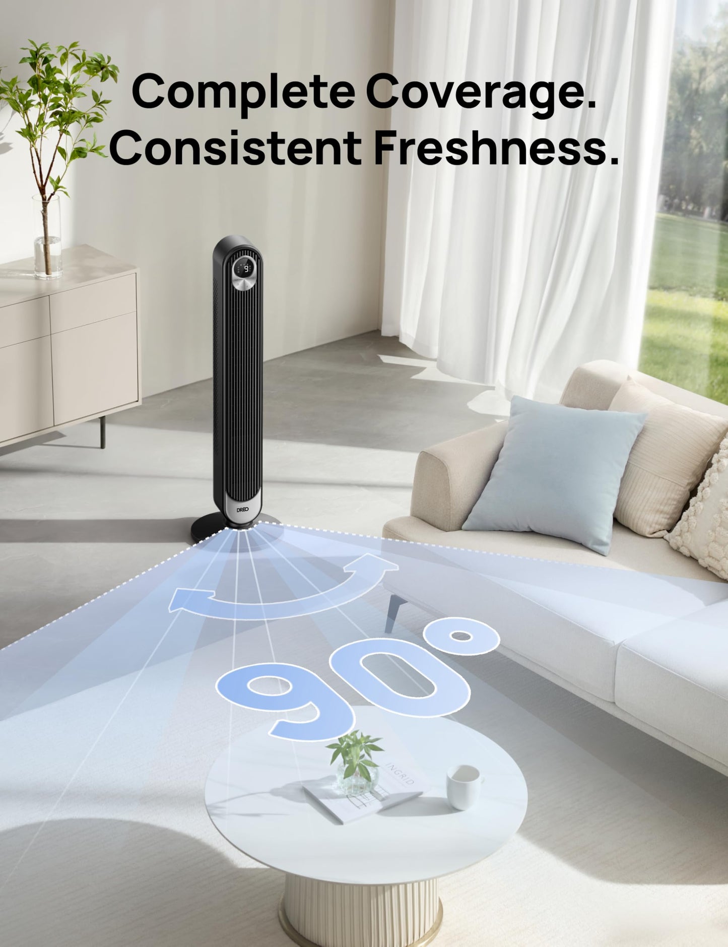 DREO 42 Inch Smart Tower Fan, 8.5m/s High-Velocity Cooling Fans, 9 Speeds Standing Fans for Bedroom, 25dB Silent Bladeless Electric Fan, 4 Modes, 90° Oscillating, 12H Timer, WiFi/Alexa/Remote Control