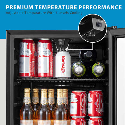 COMFEE' RCZ99BG2(E) Under Counter Beer & Drinks Fridge-93L Capacity,Holds up to 115 Cans, Premium Temperature Performance (2℃ to 15℃), Glass Door, Removable Shelves, LED Light, Low Noise