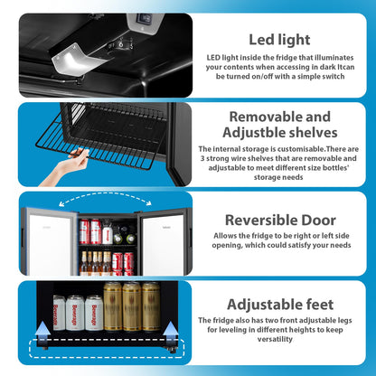 COMFEE' RCZ99BG2(E) Under Counter Beer & Drinks Fridge-93L Capacity,Holds up to 115 Cans, Premium Temperature Performance (2℃ to 15℃), Glass Door, Removable Shelves, LED Light, Low Noise