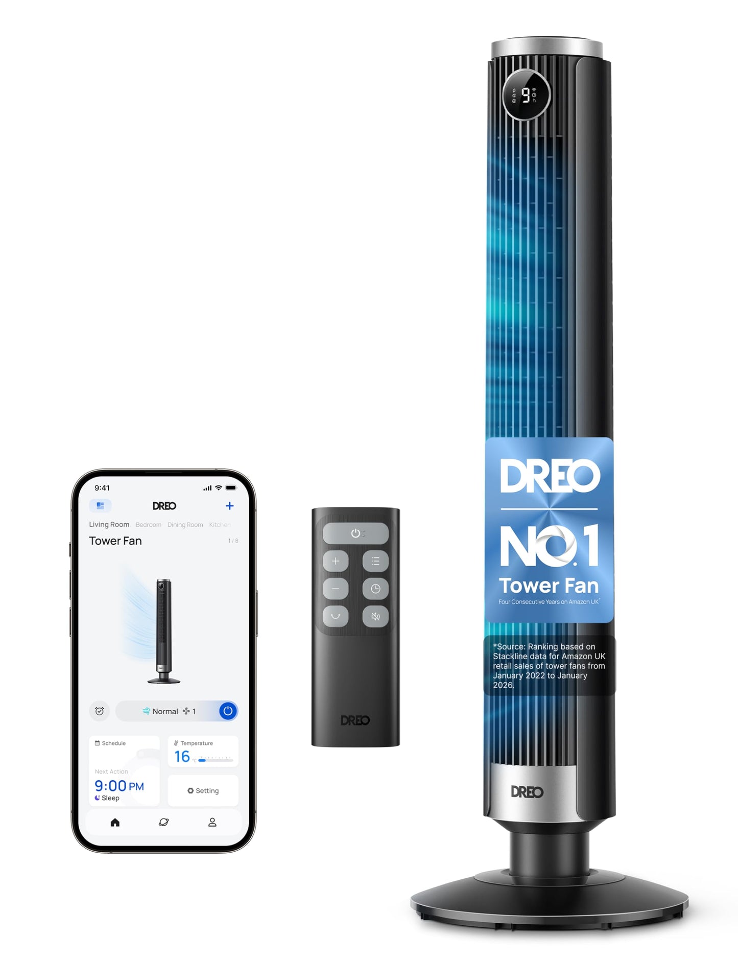 DREO Smart 40"-45" Tower Fan for Bedroom, Adjustable Height, 28 ft/s Velocity, DC Motor, 9 Speeds, 4 Modes, 90°Oscillating, Standing Fan, 20dB Quiet, 12H Timer for Home, Office, Google/Alexa, Black