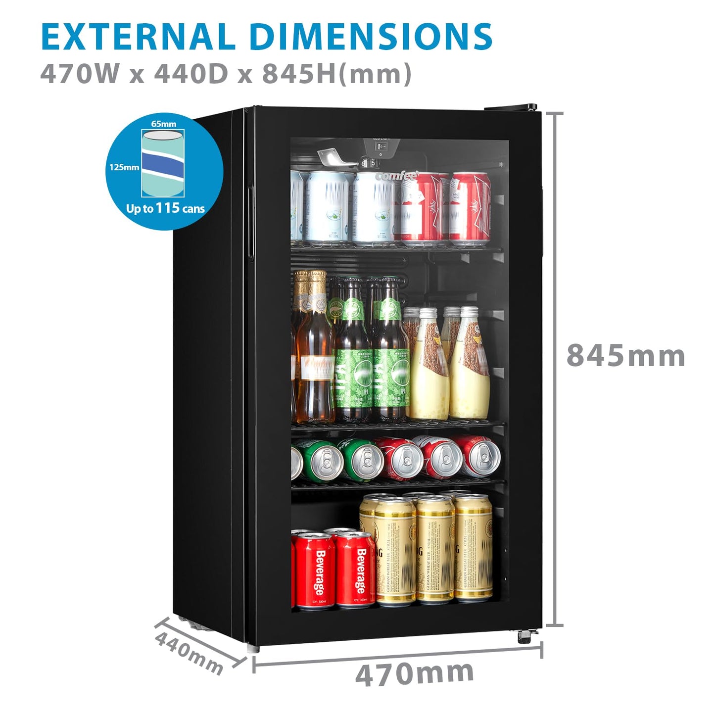 COMFEE' RCZ99BG2(E) Under Counter Beer & Drinks Fridge-93L Capacity,Holds up to 115 Cans, Premium Temperature Performance (2℃ to 15℃), Glass Door, Removable Shelves, LED Light, Low Noise