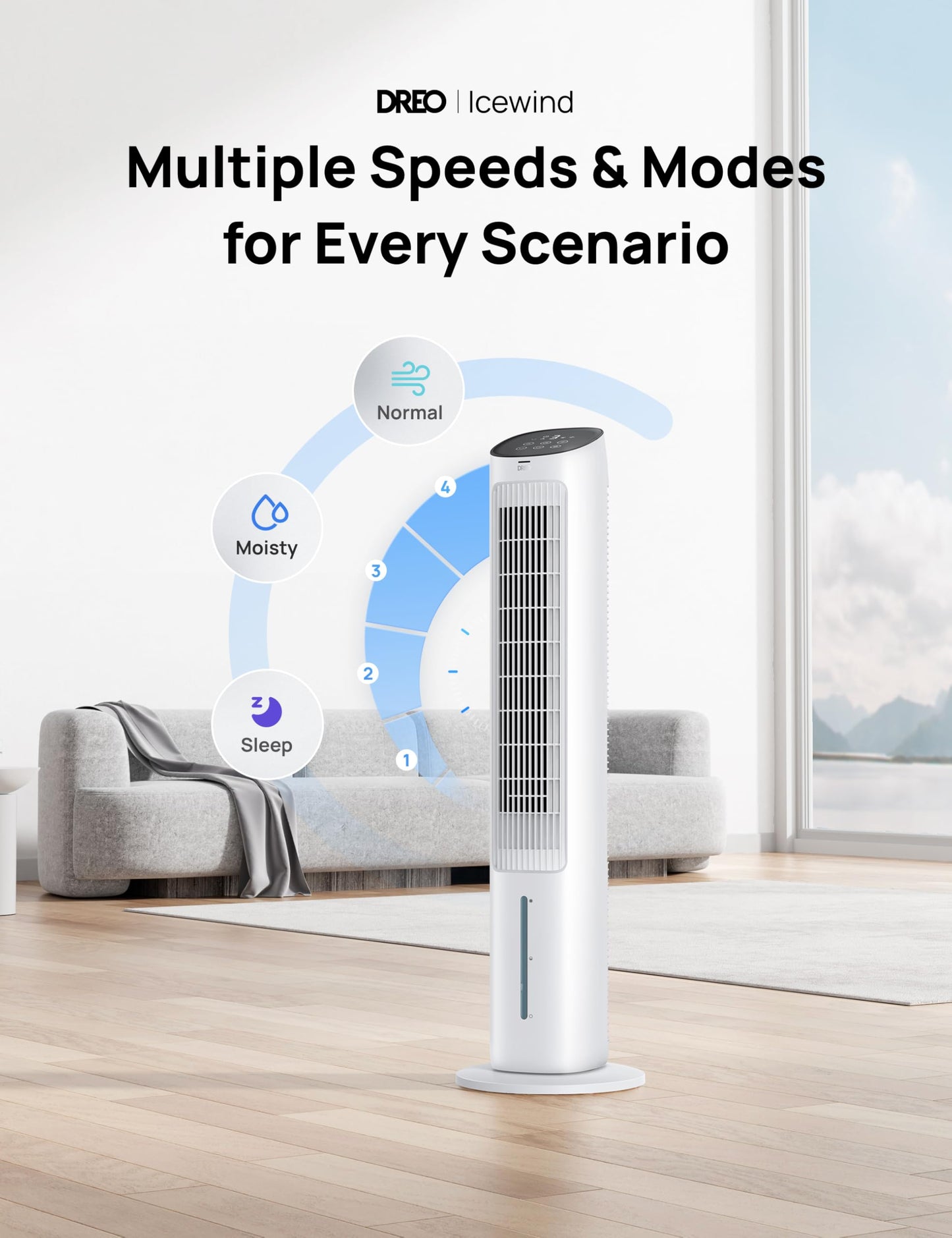 DREO 40“ Evaporative Air Cooler, 35dB Silent Cooling Fan that Blow Cold Air, 80° Oscillating Bladeless Tower Fan for Bedroom, Removable Water Tank, Ice Packs, Remote Control, 4 Speed, 7H Timer, White