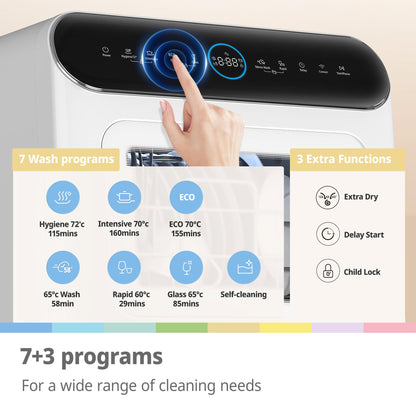 COMFEE' Table Top Dishwasher 7+3 Programs Mini Tabletop Dishwasher No Plumbing, 6L Built-in Water Tank, Hygiene Wash, Auto Door Open Drying, Baby Care, Energy Class D- White