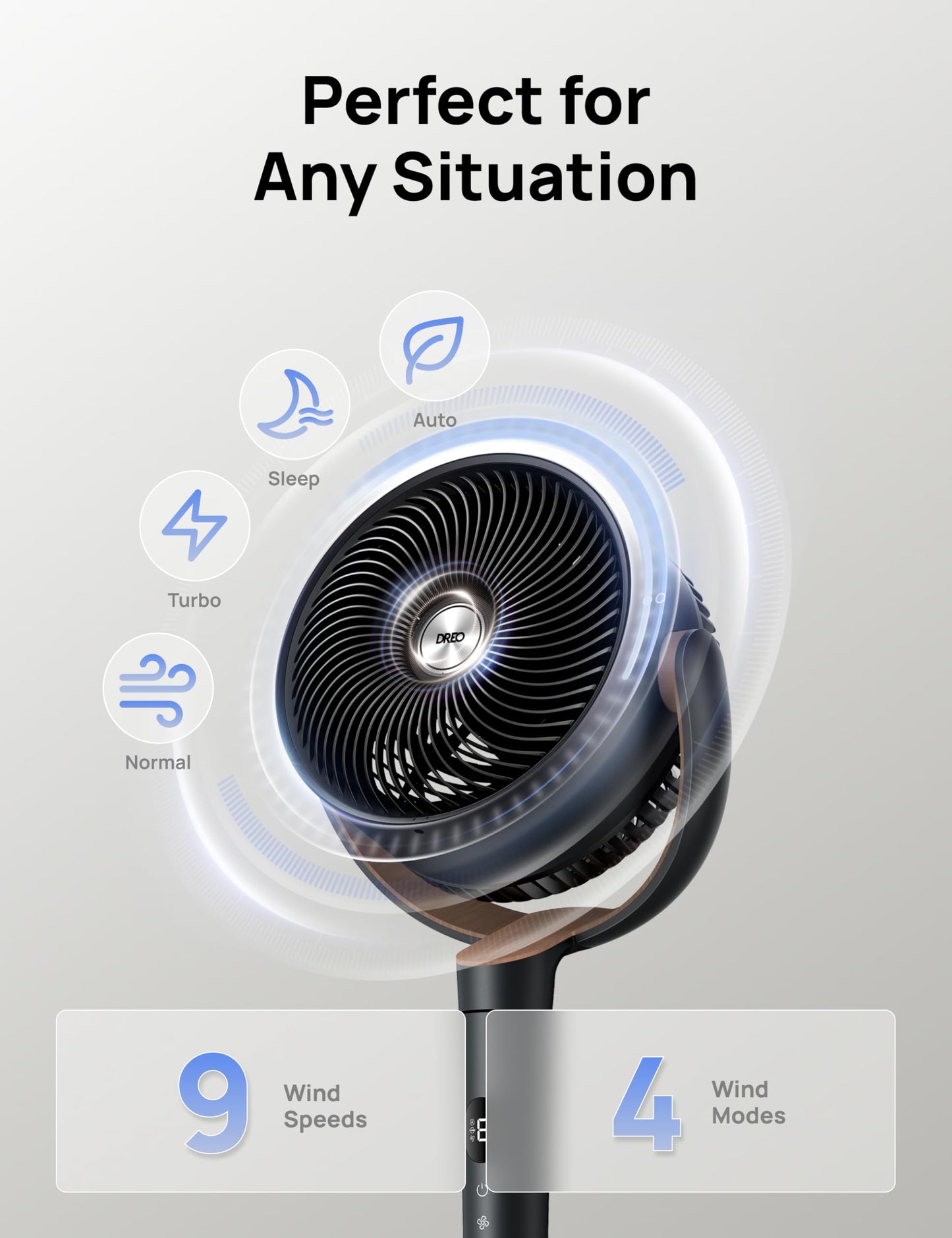 DREO 20dB Ultra Quiet Standing Pedestal Fan for Bedroom, 120° Oscillating Electric Cooling Fan with DC Motor, 9 Speeds & 4 Modes, 8H Timer, Remote, 37-42" Adjustable Height, 9" Blade, Home & Office