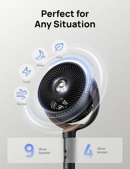 DREO 20dB Ultra Quiet Standing Pedestal Fan for Bedroom, 120° Oscillating Electric Cooling Fan with DC Motor, 9 Speeds & 4 Modes, 8H Timer, Remote, 37-42" Adjustable Height, 9" Blade, Home & Office