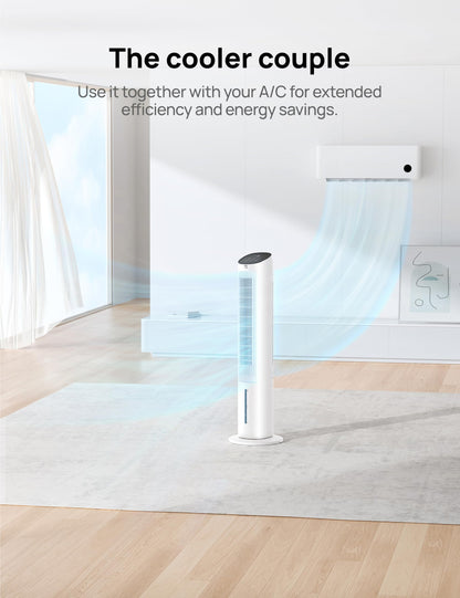DREO 40“ Evaporative Air Cooler, 35dB Silent Cooling Fan that Blow Cold Air, 80° Oscillating Bladeless Tower Fan for Bedroom, Removable Water Tank, Ice Packs, Remote Control, 4 Speed, 7H Timer, White