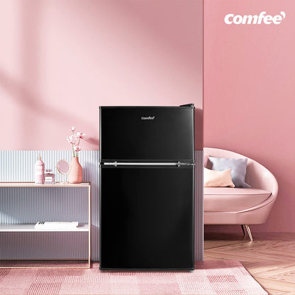 COMFEE' RCT87BL2(E) Under Counter Fridge Freezer, 87L Double Door Small Fridge Freezer with Light, Removable Shelves, Adjustable Thermostats, Reversible Doors Black