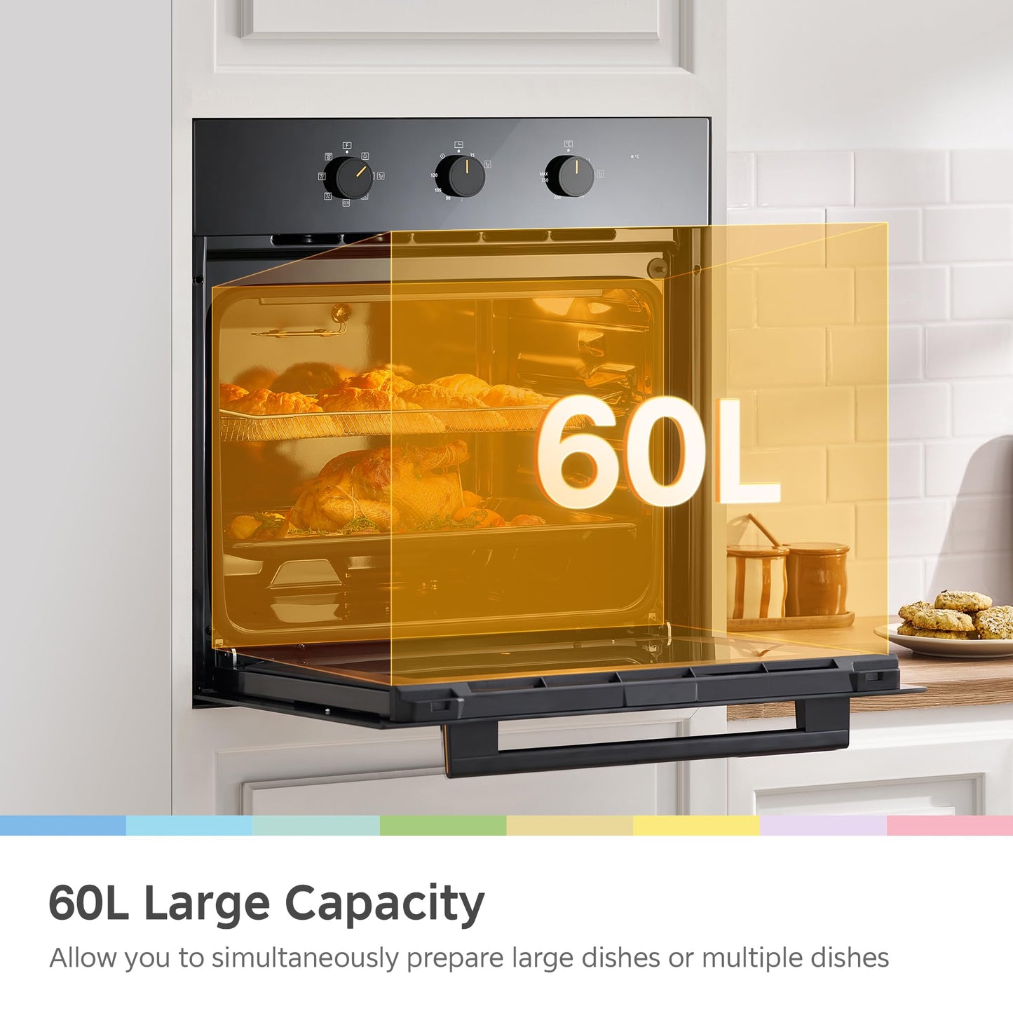 COMFEE' 60L, 60cm Wide, Single Electric Built-in Fan Oven, 8 Function with Air Fry, Multiphase Cooking and Easy Cleaning Removable Door, Color Black - CBO60M80M1-BK