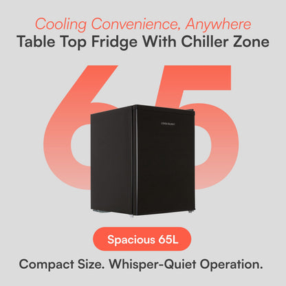 Cookology 67L Small Tabletop Mini Fridge - Reversible Door - Adjustable Temperature Control & Legs - Chiller Box - Black