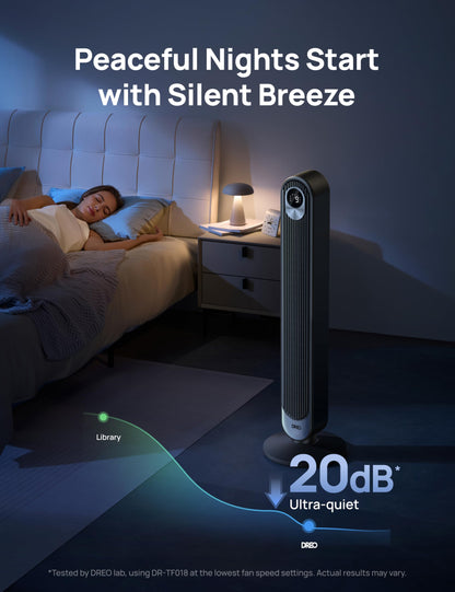 DREO 42 Inch Smart Tower Fan, 8.5m/s High-Velocity Cooling Fans, 9 Speeds Standing Fans for Bedroom, 25dB Silent Bladeless Electric Fan, 4 Modes, 90° Oscillating, 12H Timer, WiFi/Alexa/Remote Control