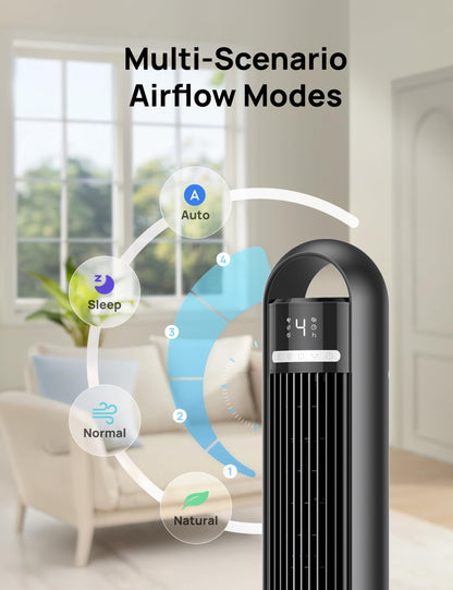 DREO Smart Tower Fan for Bedroom& Home, 26ft/s Powerful Airflow, 33ft Coverage, 1-12H Timer, 4 Speeds, 3 Modes, 28dB Bladeless Fan with App & Voice Control, 90° Oscillating Cooling Fan, LED Display