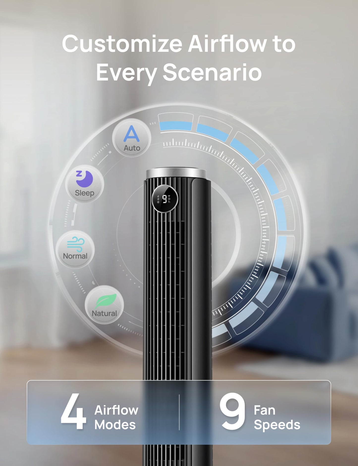 DREO Smart 40"-45" Tower Fan for Bedroom, Adjustable Height, 28 ft/s Velocity, DC Motor, 9 Speeds, 4 Modes, 90°Oscillating, Standing Fan, 20dB Quiet, 12H Timer for Home, Office, Google/Alexa, Black