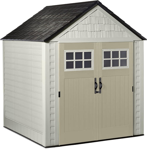 Resin Outdoor Storage Shed with Floor (7 X 7 Ft), Weather Resistant, Beige/Brown, Organization for Home/Backyard/Garden Tools/Lawn Mower/Bike Storage/Pool Supplies
