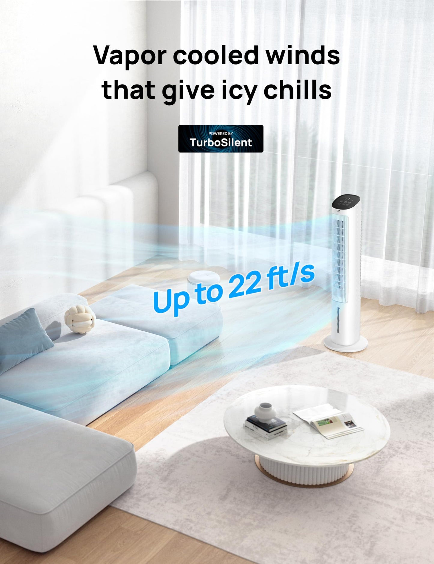 DREO 40“ Evaporative Air Cooler, 35dB Silent Cooling Fan that Blow Cold Air, 80° Oscillating Bladeless Tower Fan for Bedroom, Removable Water Tank, Ice Packs, Remote Control, 4 Speed, 7H Timer, White