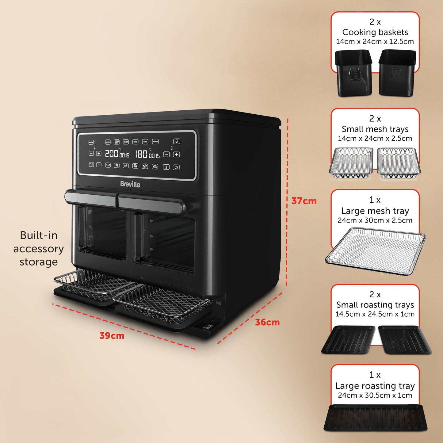 Breville Halo Flexi Air Fryer & Large Mesh Tray | Digital Dual Air Fryer Oven | 11L: Serves 10+ | FryBakeGrillRoast & Reheat | 2400 W | Save £65 a Year on Energy Bills* | Black [VDF138]