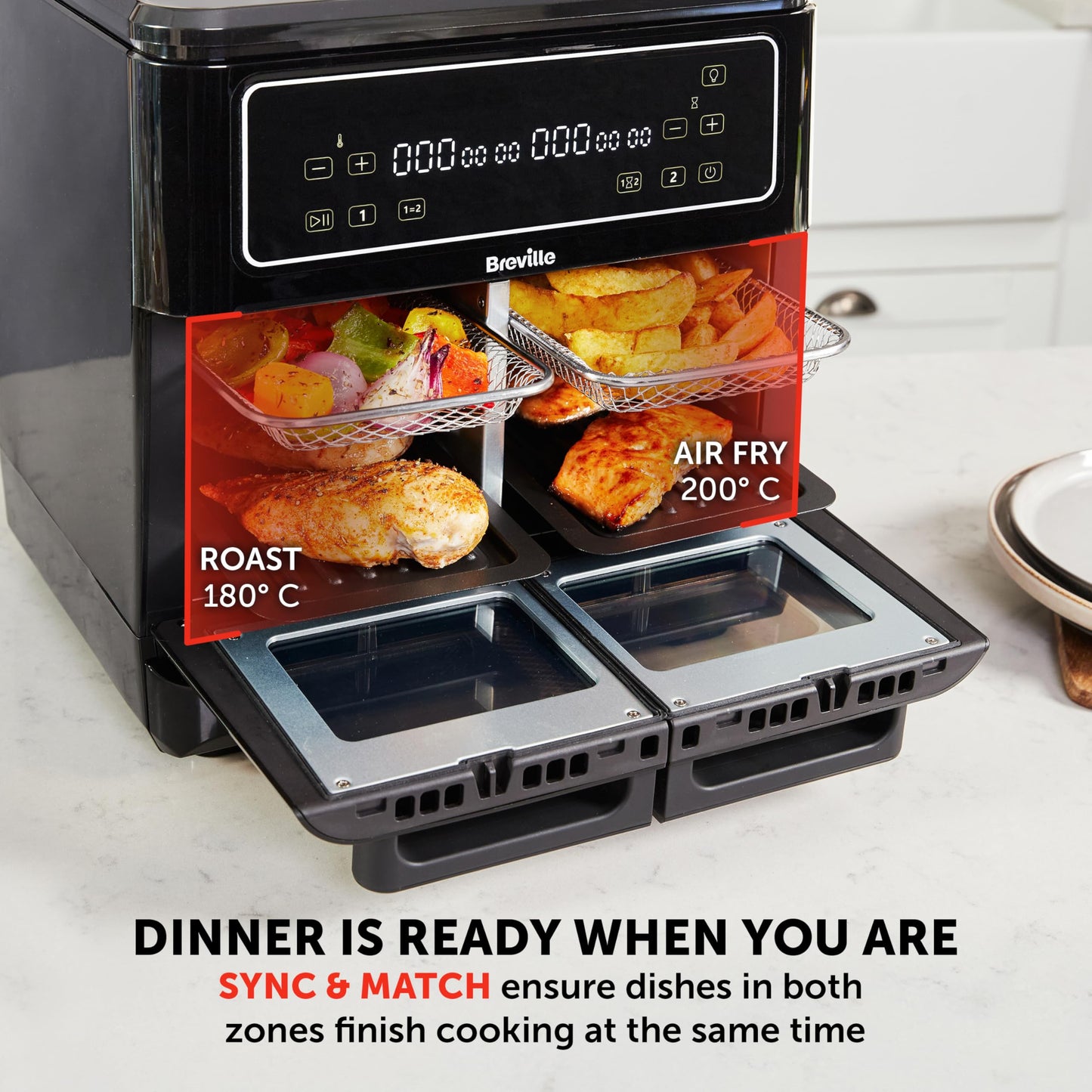 Breville Halo Flexi Air Fryer & Large Mesh Tray | Digital Dual Air Fryer Oven | 11L: Serves 10+ | FryBakeGrillRoast & Reheat | 2400 W | Save £65 a Year on Energy Bills* | Black [VDF138]