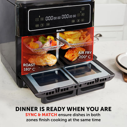 Breville Halo Flexi Air Fryer & Large Mesh Tray | Digital Dual Air Fryer Oven | 11L: Serves 10+ | FryBakeGrillRoast & Reheat | 2400 W | Save £65 a Year on Energy Bills* | Black [VDF138]