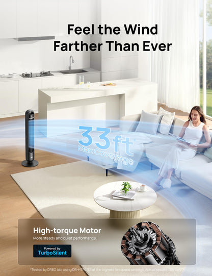DREO Smart Tower Fan for Bedroom& Home, 26ft/s Powerful Airflow, 33ft Coverage, 1-12H Timer, 4 Speeds, 3 Modes, 28dB Bladeless Fan with App & Voice Control, 90° Oscillating Cooling Fan, LED Display