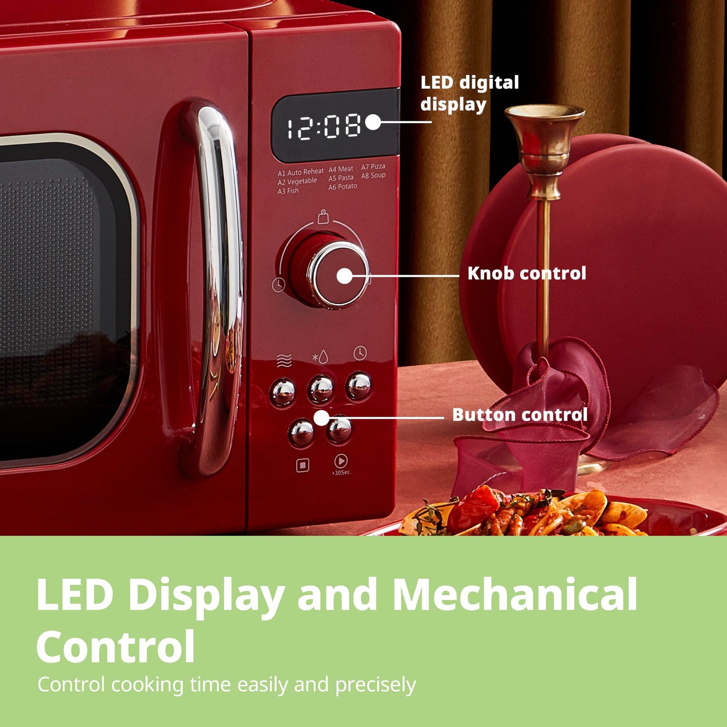 COMFEE' Retro Style 800w 20L Microwave Oven with 8 Auto Menus, 5 Cooking Power Levels, and Express Cook Button - Passionate Red - CM-M202RAF(RD)