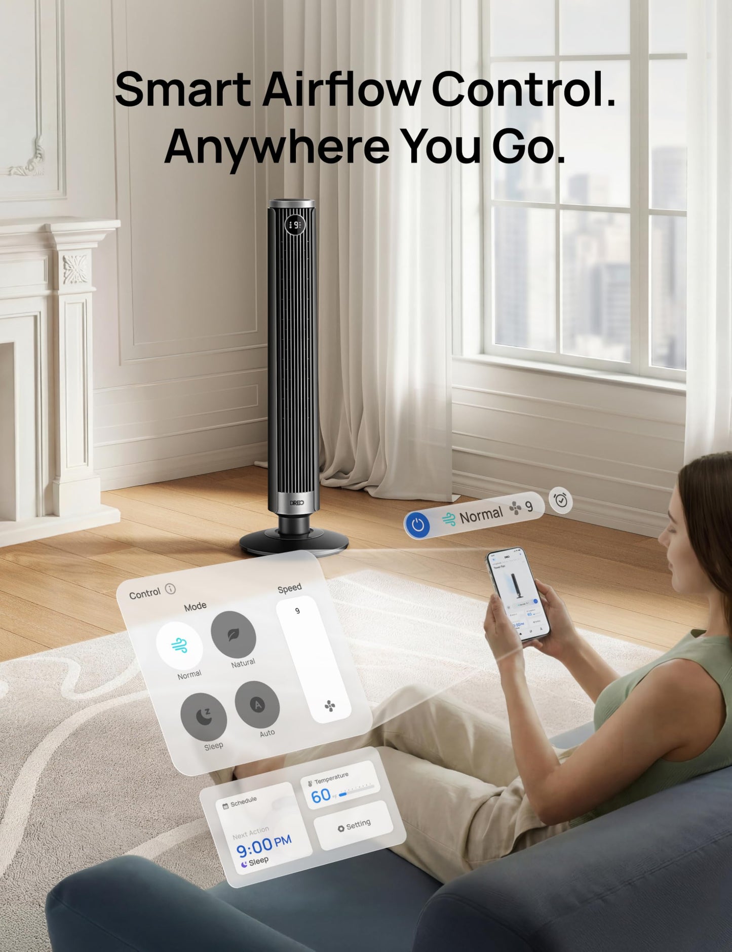 DREO Smart 40"-45" Tower Fan for Bedroom, Adjustable Height, 28 ft/s Velocity, DC Motor, 9 Speeds, 4 Modes, 90°Oscillating, Standing Fan, 20dB Quiet, 12H Timer for Home, Office, Google/Alexa, Black