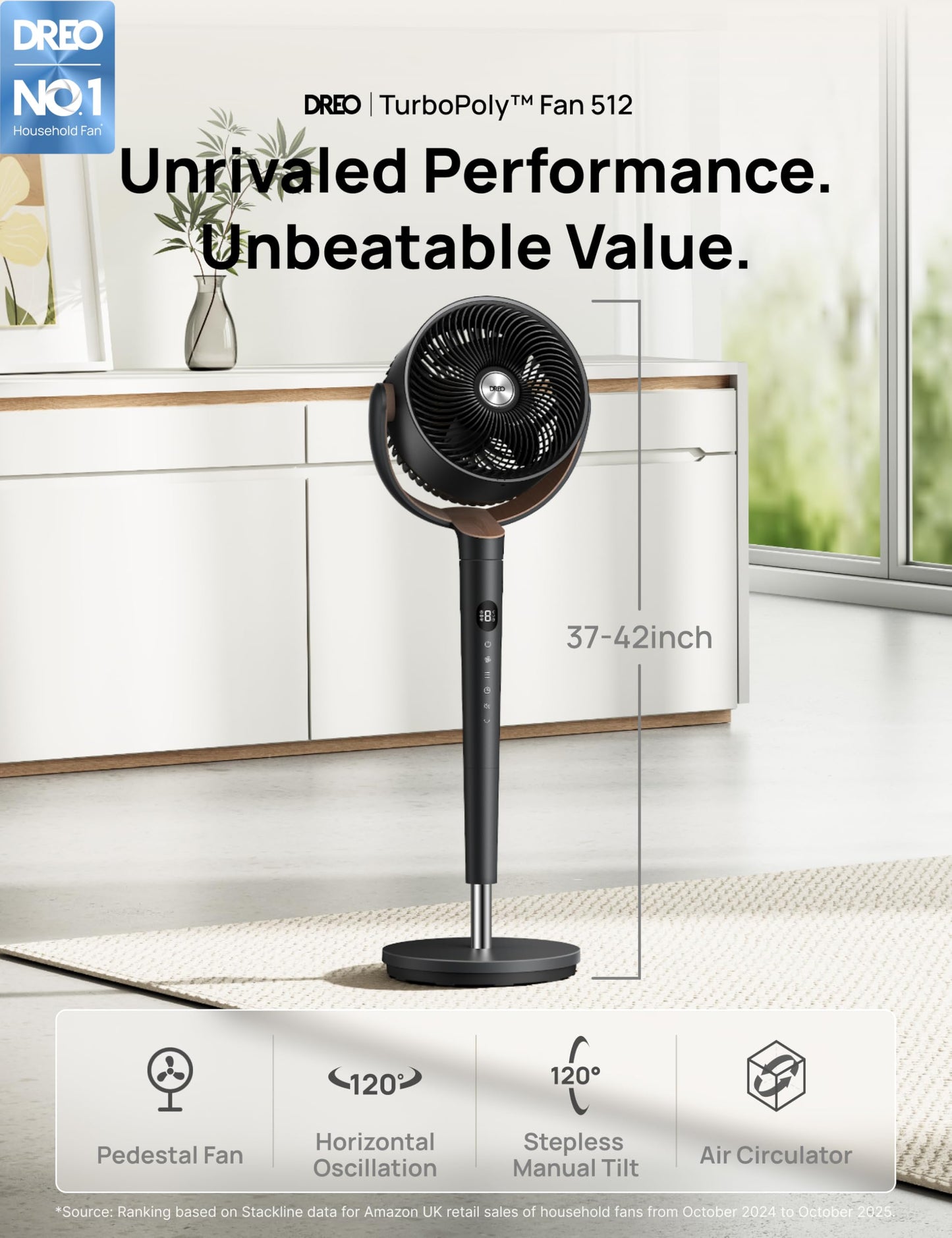 DREO 20dB Ultra Quiet Standing Pedestal Fan for Bedroom, 120° Oscillating Electric Cooling Fan with DC Motor, 9 Speeds & 4 Modes, 8H Timer, Remote, 37-42" Adjustable Height, 9" Blade, Home & Office