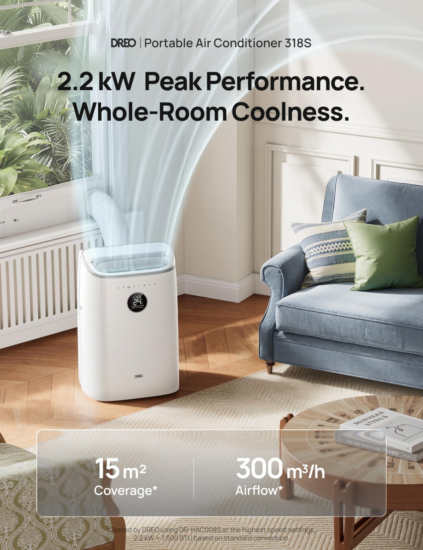 DREO 7500 BTU Portable Air Conditioner, 3-in-1 Cool/Fan/Dry Quiet AC Unit for Bedroom/Office, Smart App/Voice/Remote Control, Drainage-Free, Universal Window Kit, 2.5L/H Dehumidification, AC318S