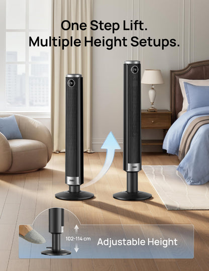 DREO Smart 40"-45" Tower Fan for Bedroom, Adjustable Height, 28 ft/s Velocity, DC Motor, 9 Speeds, 4 Modes, 90°Oscillating, Standing Fan, 20dB Quiet, 12H Timer for Home, Office, Google/Alexa, Black