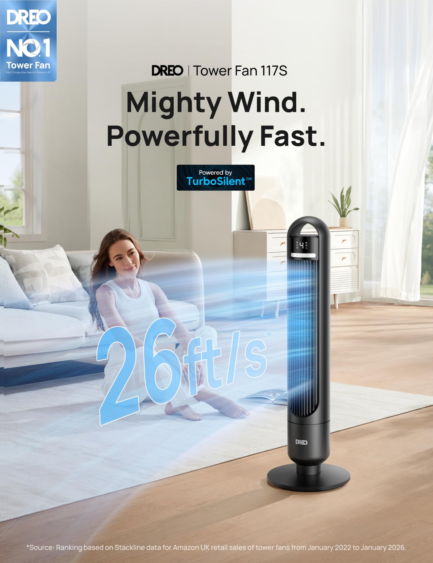 DREO Smart Tower Fan for Bedroom& Home, 26ft/s Powerful Airflow, 33ft Coverage, 1-12H Timer, 4 Speeds, 3 Modes, 28dB Bladeless Fan with App & Voice Control, 90° Oscillating Cooling Fan, LED Display